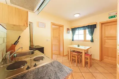 a kitchen with a sink and a table at Authentic Pohorje house with riverside outdoor sauna in Oplotnica