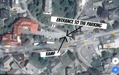 a map with the words entrance to the parking at Apartment Alpine Lake in Bled