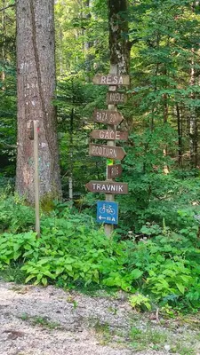 a street sign with many signs in the woods at Apartma Zidanca Bele in Dolenjske Toplice