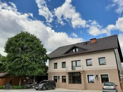 a house with two cars parked in front of it at Gostilna Žolnir in Kostanjevica na Krki