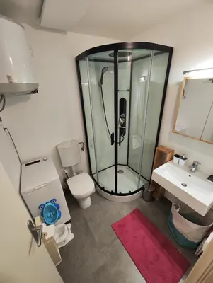 a bathroom with a shower and a toilet and a sink at Planica Studio in Kranjska Gora in Kranjska Gora