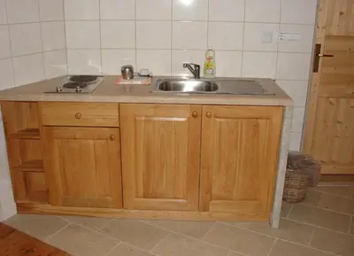 a kitchen with a sink and a counter top at Apartments Koptur in Škocjan