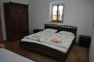 a bedroom with a bed with a white comforter at Apartments Koptur in Škocjan