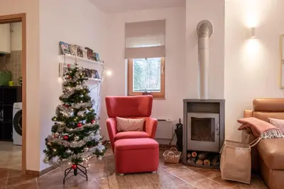 a living room with a christmas tree and a red chair at Chalet Fisherman's Cottage in Bohinj