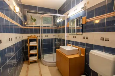 a blue tiled bathroom with a sink and a shower at Apartma Rogla Relax in Oplotnica