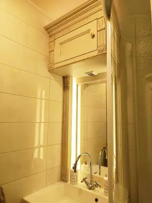 a bathroom with a sink and a mirror at Studio Queen Alpine in Cerklje na Gorenjskem