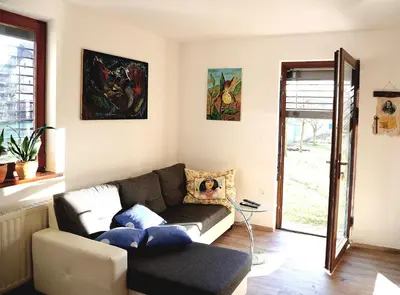 a living room with a couch and a window at Weiss Sport & Relax Apartment in Rečica ob Savinji