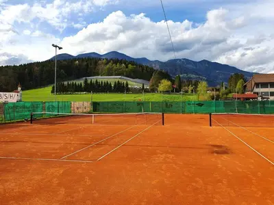 a tennis court with a net on top of it at Weiss Sport & Relax Apartment in Rečica ob Savinji