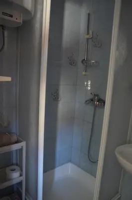 a bathroom with a shower and a sink at Granny Angela's house in Grosuplje
