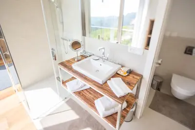 a bathroom with a sink and a shower at Winzarei Ciringa Stampfer in Svečina