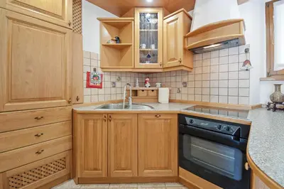 a kitchen with wooden cabinets and a sink and a dishwasher at Hiška Kovačija in Vremski Britof