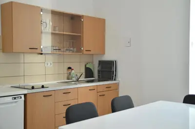 a kitchen with wooden cabinets and a table and chairs at Apartment Trdinova in Ljubljana