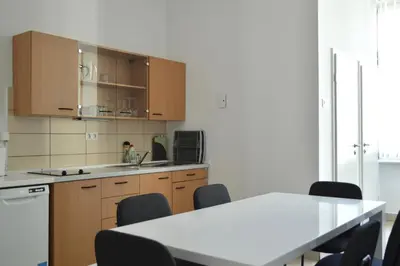 a kitchen with wooden cabinets and a table and chairs at Apartment Trdinova in Ljubljana