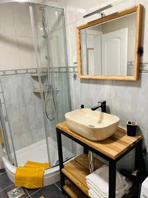 a bathroom with a sink and a shower at Montis Bled in Bled