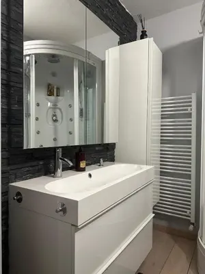 a white bathroom with a sink and a mirror at Kranjska Gora Urban Apartment in Kranjska Gora