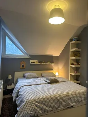 a bedroom with a bed and a large window at Kranjska Gora Urban Apartment in Kranjska Gora