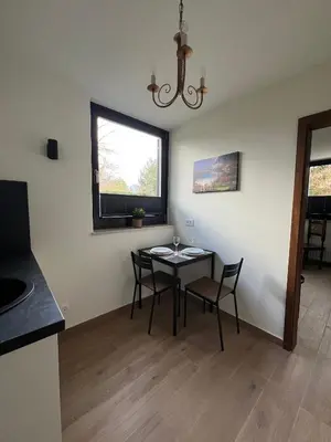 a dining room with a table and chairs and a window at Orchard Villa in Bled