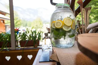 a bottle of water with lemon slices in it at Hiša Erlah in Bohinj