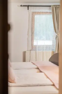 a bedroom with two beds and a window at Hiša Erlah in Bohinj