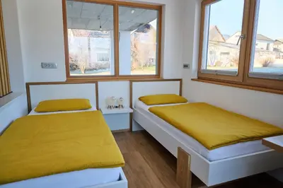 two beds in a room with two windows at Chili apartment in Žabnica