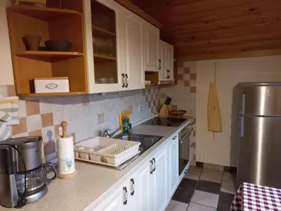 a kitchen with a sink and a refrigerator at Apartment Zeleni dragulj Pohorje, mir & čudovita narava in Oplotnica