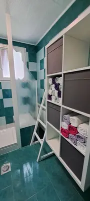 a bathroom with a shelf with rolls of toiletries at Biba House in Tolmin