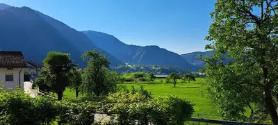 a house in a field with mountains in the background at Biba House in Tolmin