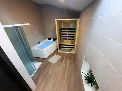 a bathroom with a shower and a bath tub at Apartments Hlapi with SPA in Kobarid