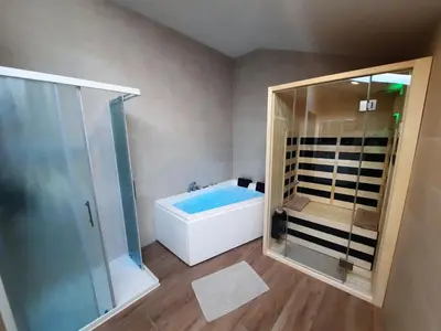 a bathroom with a shower and a tub and a sink at Apartments Hlapi with SPA in Kobarid