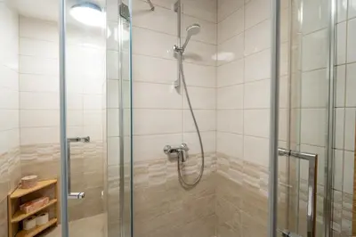 a shower with a glass door in a bathroom at Apartment ALPINE IBEX, Nordic House, Kranjska Gora - Center in Kranjska Gora