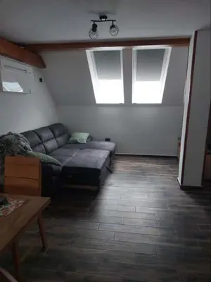 a living room with a couch and two windows at APARTMAJI VITEZ Apartma 4 in Bovec
