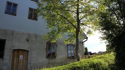 an old house with a tree next to it at Apartmaji in sobe RaMar in Straža