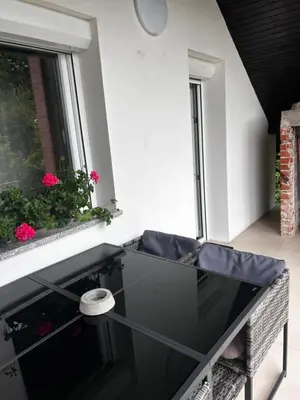 a glass table in front of a window with pink flowers at Larisa apartma in Domžale