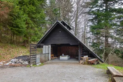 a barn with a large door in the woods at Chalet Fridrihštajn in Kočevje