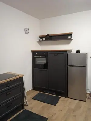 a kitchen with a black refrigerator and a stove at Urko Apartments Ljubljana in Ljubljana