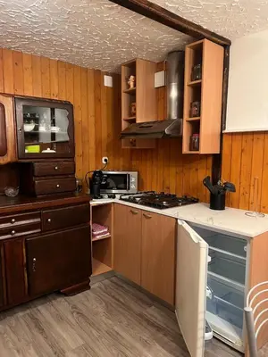 a kitchen with wooden cabinets and a stove top oven at Cosy apartment in Ljubljana in Šentvid