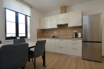 a kitchen with a table and chairs and a refrigerator at Apartmaji Siliganum in Solkan