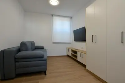 a living room with a chair and a television at Apartmaji Siliganum in Solkan