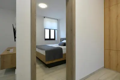 a bedroom with a bed and a mirror at Apartmaji Siliganum in Solkan