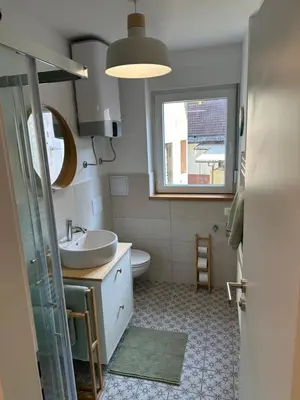 a bathroom with a sink and a toilet and a window at Lamant Apartment Cerkno in Cerkno