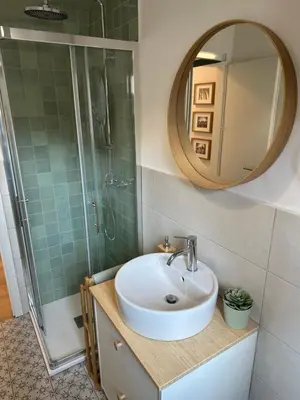 a bathroom with a sink and a shower and a mirror at Lamant Apartment Cerkno in Cerkno