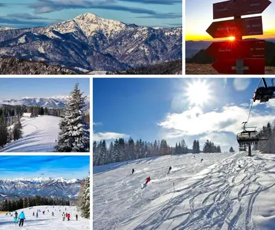 a collage of photos of people skiing on a ski slope at Lamant Apartment Cerkno in Cerkno