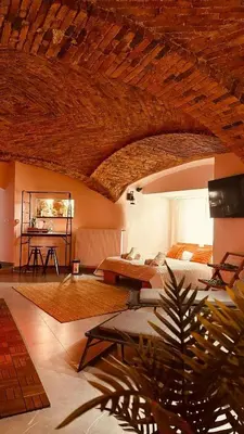 a living room with a bed and a wooden ceiling at Celje Spa Apartment in Celje