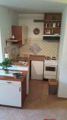 a small kitchen with a counter and a stove at Apartments Ručna in Kobarid
