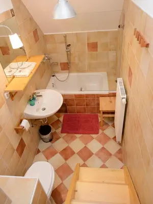 a bathroom with a sink and a toilet and a tub at Rustic House 13 in Bohinj