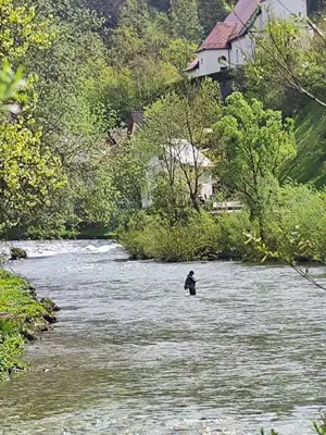 a person is standing in the middle of a river at Holiday Home Mila in Spodnja Idrija
