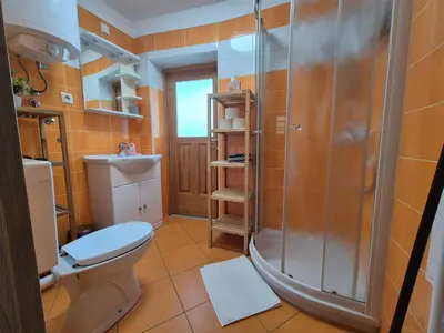 a bathroom with a shower and a toilet and a sink at Holiday Home Mila in Spodnja Idrija