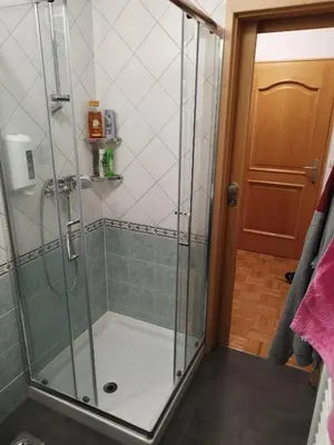 a shower with a glass door in a bathroom at Apartma Valerija in Zreče