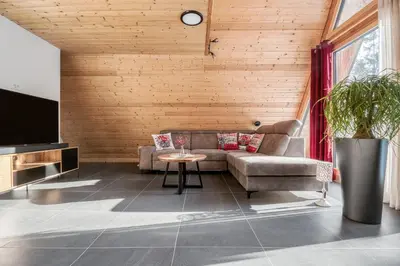 a living room with a couch and a tv at Pohorska Gozdna Vila in Pohorje