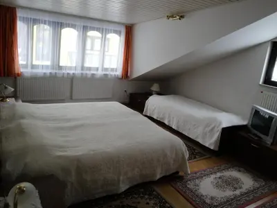 a bedroom with two beds and a tv and two windows at Blumauer Apartments in Ljubljana